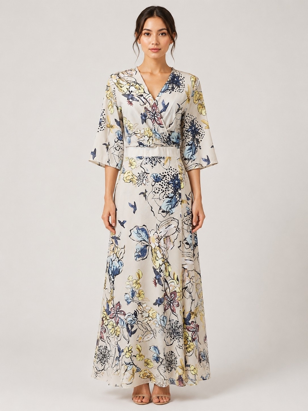 Boutique NWOT Floral Wrap Maxi Dress in Light Beige Sz M